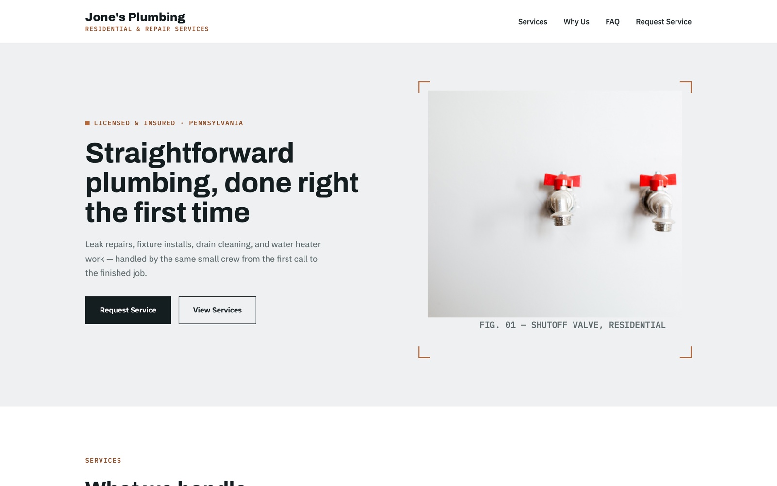Jones Plumbing's redesigned site: a confident headline, service list, and clear calls to request service