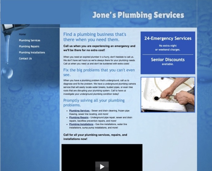 Jone's Plumbing Services' old site: a dense blue-themed layout with a sidebar menu and stock plumbing photo