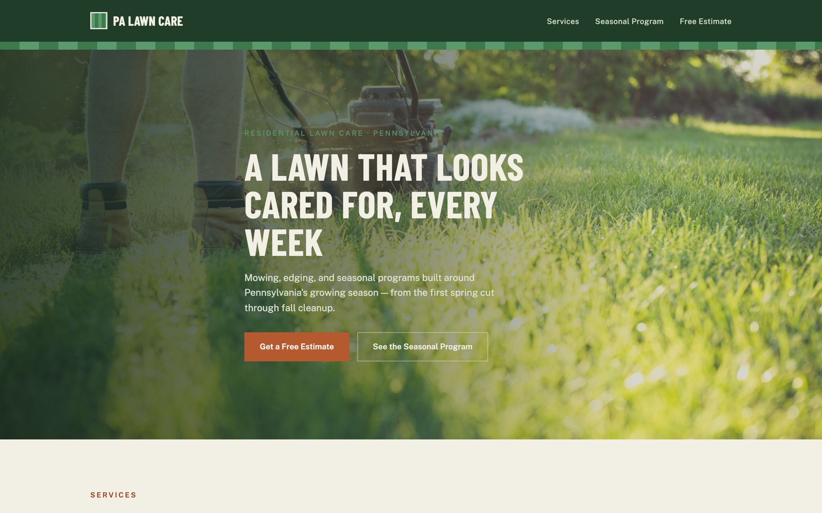 PA Lawn Care redesigned: a full-bleed lawn-mowing photo with a bold headline and free-estimate button