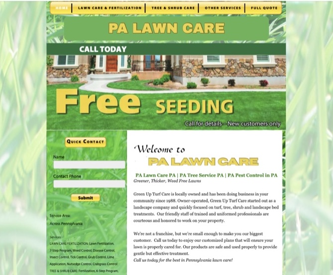PA Lawn Care's old site: a green grass-textured background with a yellow contact form and dense service list